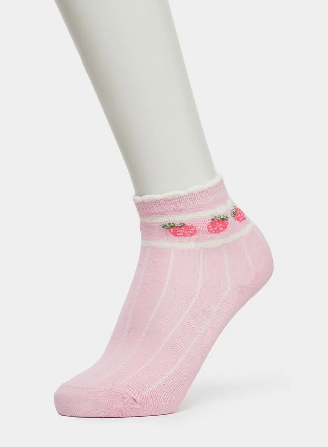 Styli Pack Of 5 - Girls Strawberry Print Ankle Socks